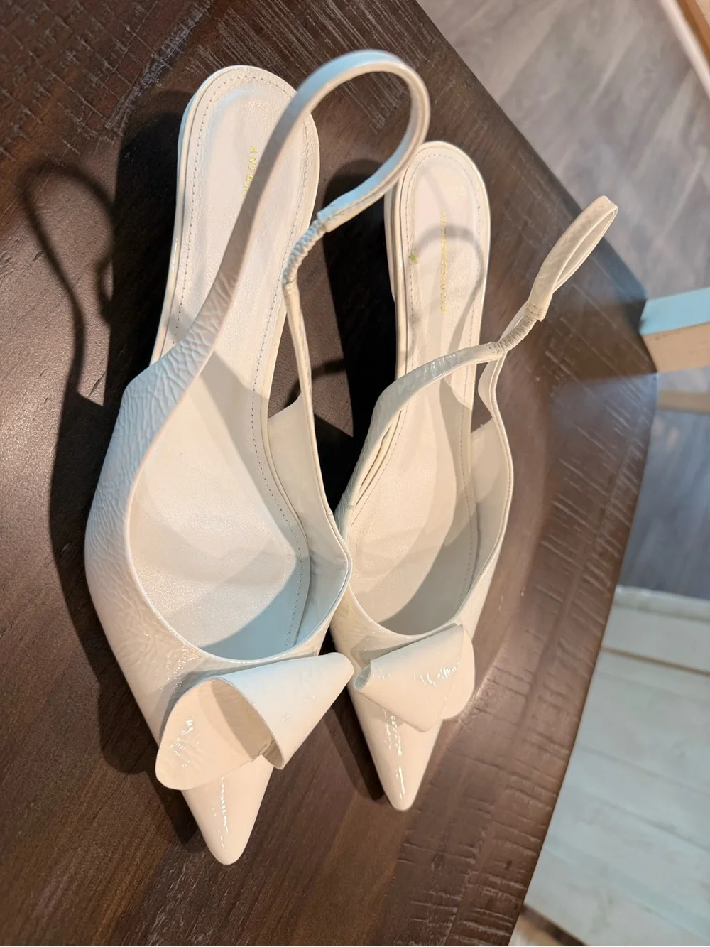 Anthropologie Cream Patent Pointed Slingback Pumps with Decorative Fold